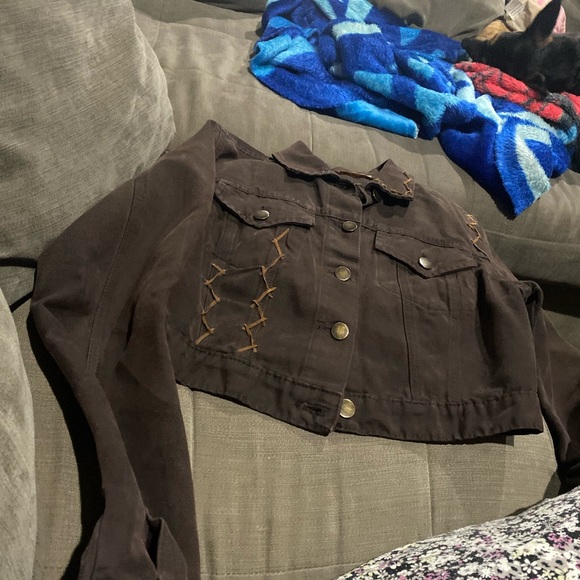 Vintage Cropped Dragon Patch Denim Jacket Brown 42 - Picture 13 of 14